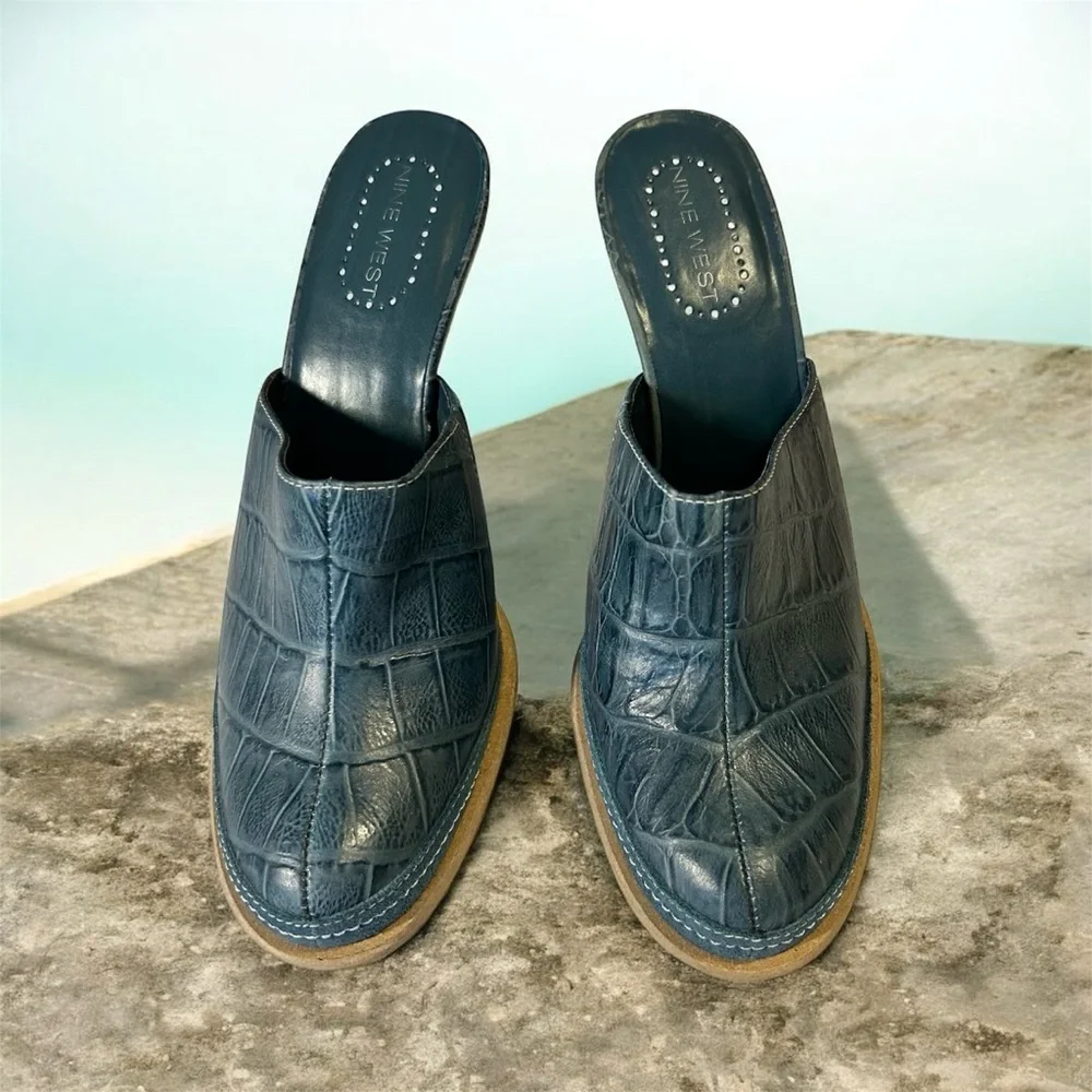 Nine West Blue Croc-Embossed Leather Mules. Size 7.5 - Picture 7 of 10